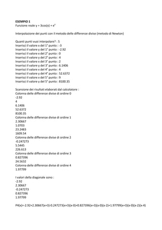 ESEMPIO 1 
Funzione reale y = 3cos(x) + ex 
 
Interpolazione dei punti con il metodo delle differenze divise (metodo di Newton) 
 
Quanti punti vuoi interpolare? : 5 
Inserisci il valore x del 1° punto : ‐3 
Inserisci il valore y del 1° punto : ‐2.92 
Inserisci il valore x del 2° punto : 0 
Inserisci il valore y del 2° punto : 4 
Inserisci il valore x del 3° punto : 2 
Inserisci il valore y del 3° punto : 6.1406 
Inserisci il valore x del 4° punto : 4 
Inserisci il valore y del 4° punto : 52.6372 
Inserisci il valore x del 5° punto : 9 
Inserisci il valore y del 5° punto : 8100.35 
 
Scansione dei risultati elaborati dal calcolatore : 
Colonna delle differenze divise di ordine 0 
‐2.92 
4 
6.1406 
52.6372 
8100.35 
Colonna delle differenze divise di ordine 1 
2.30667 
1.0703 
23.2483 
1609.54 
Colonna delle differenze divise di ordine 2 
‐0.247273 
5.5445 
226.613 
Colonna delle differenze divise di ordine 3 
0.827396 
24.5632 
Colonna delle differenze divise di ordine 4 
1.97799 
 
I valori della diagonale sono : 
‐2.92 
2.30667 
‐0.247273 
0.827396 
1.97799 
 
P4(x)=‐2.92+2.30667(x+3)‐0.247273(x+3)(x‐0)+0.827396(x+3)(x‐0)(x‐2)+1.97799(x+3)(x‐0)(x‐2)(x‐4) 
 