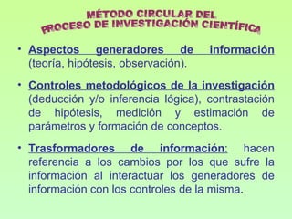 • Aspectos generadores de             información
  (teoría, hipótesis, observación).
• Controles metodológicos de la investigación
  (deducción y/o inferencia lógica), contrastación
  de hipótesis, medición y estimación de
  parámetros y formación de conceptos.
• Trasformadores de información: hacen
  referencia a los cambios por los que sufre la
  información al interactuar los generadores de
  información con los controles de la misma.
 