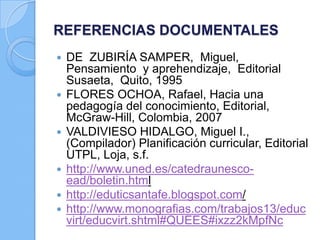REFERENCIAS DOCUMENTALES
 DE ZUBIRÍA SAMPER, Miguel,
Pensamiento y aprehendizaje, Editorial
Susaeta, Quito, 1995
 FLORES OCHOA, Rafael, Hacia una
pedagogía del conocimiento, Editorial,
McGraw-Hill, Colombia, 2007
 VALDIVIESO HIDALGO, Miguel I.,
(Compilador) Planificación curricular, Editorial
UTPL, Loja, s.f.
 http://www.uned.es/catedraunesco-
ead/boletin.html
 http://eduticsantafe.blogspot.com/
 http://www.monografias.com/trabajos13/educ
virt/educvirt.shtml#QUEES#ixzz2kMpfNc
 