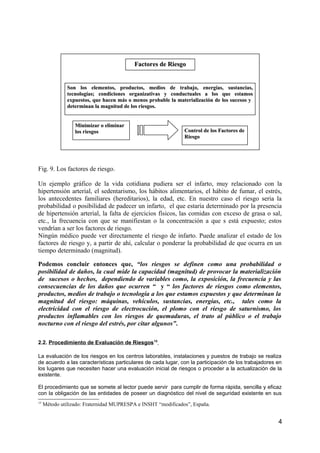Factores de RiesgoFactores de Riesgo
Son los elementos, productos, medios de trabajo, energías, sustancias,Son los elementos, productos, medios de trabajo, energías, sustancias,
tecnologías; condiciones organizativas y conductuales a los que estamostecnologías; condiciones organizativas y conductuales a los que estamos
expuestos, que hacen más o menos probable la materialización de los sucesos yexpuestos, que hacen más o menos probable la materialización de los sucesos y
determinan la magnitud de los riesgos.determinan la magnitud de los riesgos.
Minimizar o eliminarMinimizar o eliminar
los riesgoslos riesgos Control de los Factores deControl de los Factores de
RiesgoRiesgo
Fig. 9. Los factores de riesgo.
Un ejemplo gráfico de la vida cotidiana pudiera ser el infarto, muy relacionado con la
hipertensión arterial, el sedentarismo, los hábitos alimentarios, el hábito de fumar, el estrés,
los antecedentes familiares (hereditarios), la edad, etc. En nuestro caso el riesgo seria la
probabilidad o posibilidad de padecer un infarto, el que estaría determinado por la presencia
de hipertensión arterial, la falta de ejercicios físicos, las comidas con exceso de grasa o sal,
etc., la frecuencia con que se manifiestan o la concentración a que s está expuesto; estos
vendrían a ser los factores de riesgo.
Ningún médico puede ver directamente el riesgo de infarto. Puede analizar el estado de los
factores de riesgo y, a partir de ahí, calcular o ponderar la probabilidad de que ocurra en un
tiempo determinado (magnitud).
Podemos concluir entonces que, “los riesgos se definen como una probabilidad o
posibilidad de daños, la cual mide la capacidad (magnitud) de provocar la materialización
de sucesos o hechos, dependiendo de variables como, la exposición, la frecuencia y las
consecuencias de los daños que ocurren “ y “ los factores de riesgos como elementos,
productos, medios de trabajo o tecnología a los que estamos expuestos y que determinan la
magnitud del riesgo: máquinas, vehículos, sustancias, energías, etc., tales como la
electricidad con el riesgo de electrocución, el plomo con el riesgo de saturnismo, los
productos inflamables con los riesgos de quemaduras, el trato al público o el trabajo
nocturno con el riesgo del estrés, por citar algunos”.
2.2. Procedimiento de Evaluación de Riesgos15
La evaluación de los riesgos en los centros laborables, instalaciones y puestos de trabajo se realiza
de acuerdo a las características particulares de cada lugar, con la participación de los trabajadores en
los lugares que necesiten hacer una evaluación inicial de riesgos o proceder a la actualización de la
existente.
El procedimiento que se somete al lector puede servir para cumplir de forma rápida, sencilla y eficaz
con la obligación de las entidades de poseer un diagnóstico del nivel de seguridad existente en sus
15
Método utilizado: Fraternidad MUPRESPA e INSHT “modificados”, España.
4
 