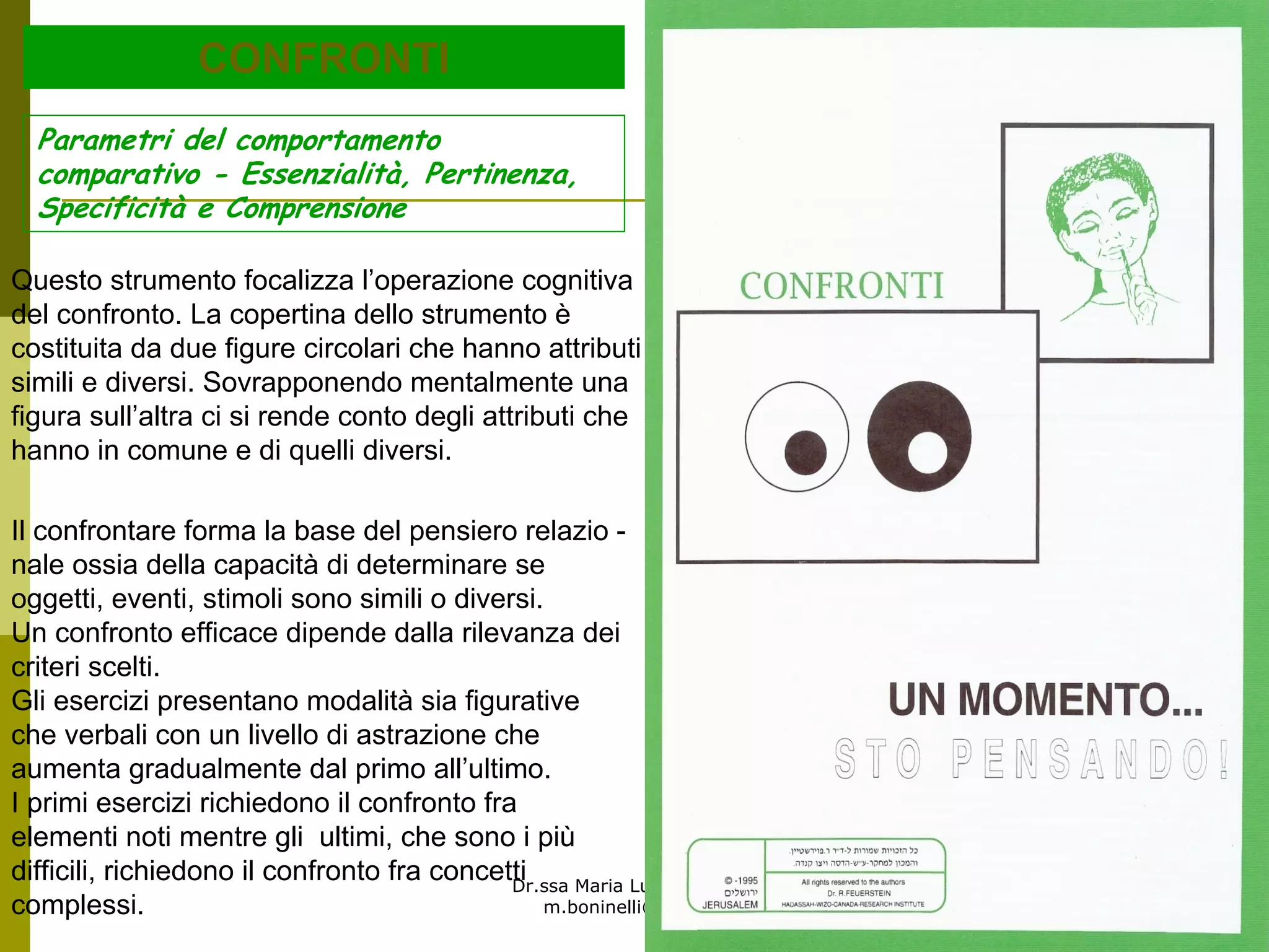 Dr.ssa Maria Luisa Boninelli
m.boninelli@unive.it
CONFRONTI
Questo strumento focalizza l’operazione cognitiva
del confronto. La copertina dello strumento è
costituita da due figure circolari che hanno attributi
simili e diversi. Sovrapponendo mentalmente una
figura sull’altra ci si rende conto degli attributi che
hanno in comune e di quelli diversi.
Il confrontare forma la base del pensiero relazio -
nale ossia della capacità di determinare se
oggetti, eventi, stimoli sono simili o diversi.
Un confronto efficace dipende dalla rilevanza dei
criteri scelti.
Gli esercizi presentano modalità sia figurative
che verbali con un livello di astrazione che
aumenta gradualmente dal primo all’ultimo.
I primi esercizi richiedono il confronto fra
elementi noti mentre gli ultimi, che sono i più
difficili, richiedono il confronto fra concetti
complessi.
Parametri del comportamento
comparativo - Essenzialità, Pertinenza,
Specificità e Comprensione
 