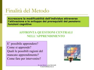 Dr.ssa Maria Luisa Boninelli
m.boninelli@unive.it
Accrescere la modificabilità dell’individuo attraverso
l’attivazione e lo sviluppo dei prerequisiti del pensiero:
funzioni cognitive
AFFRONTA QUESTIONI CENTRALI
NELL’APPRENDIMENTO
E’ possibile apprendere?
Come si apprende?
Quali le possibili ragioni del
mancato apprendimento?
Come fare per intervenire?
Finalità del Metodo
 