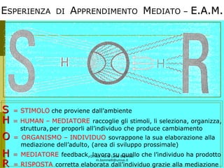 Dr.ssa Maria Luisa Boninelli
m.boninelli@unive.it
ESPERIENZA DI APPRENDIMENTO MEDIATO –– E.A.M.E.A.M.
SS = STIMOLO che proviene dall’ambiente
HH = HUMAN – MEDIATORE raccoglie gli stimoli, li seleziona, organizza,
struttura,per proporli all’individuo che produce cambiamento
OO = ORGANISMO – INDIVIDUO sovrappone la sua elaborazione alla
mediazione dell’adulto, (area di sviluppo prossimale)
HH = MEDIATORE feedback, lavora su quello che l’individuo ha prodotto
RR = RISPOSTA corretta elaborata dall’individuo grazie alla mediazione
 