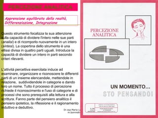 Dr.ssa Maria Luisa Boninelli
m.boninelli@unive.it
PERCEZIONE ANALITICA
L'attività percettiva esercitata induce ad
esaminare, organizzare e riconoscere le differenti
parti di un insieme elencandole, mettendole in
relazione, suddividendole in categorie e dando
loro un nome. Tutto il processo di percezione
richiede il riconoscimento e l'uso di categorie e di
processi che sono prerequisiti alla lettura e alla
scrittura. Fanno parte del pensiero analitico il
pensiero ipotetico, la riflessione e il ragionamento
induttivo e deduttivo.
Questo strumento focalizza la sua attenzione
sulla capacità di dividere l'intero nelle sue parti
(analisi) e di ricomporlo nuovamente in un intero
(sintesi). La copertina dello strumento è una
ellissi divisa in quattro parti uguali. Introduce la
capacità di dividere un intero in parti secondo
criteri rilevanti.
Apprensione equilibrata della realtà,
Differenziazione, Integrazione
 