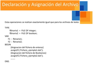 Declaración y Asignación del Archivo


 Estas operaciones se realizan exactamente igual que para los archivos de texto:

 TYPE
        fBinario1 = FILE OF integer;
        fBinario2 = FILE OF boolean;
 VAR
    F1 : fbinario1;
    F2 : fbinario2;
 BEGIN
      {Asignacion del fichero de enteros}
      assign(F1,’Fichero_ejemplo1.dat’);
      {Asignacion del fichero de Booleanos}
      assign(F2,’Fichero_ejemplo2.dat’);
      ……..
 END.
 