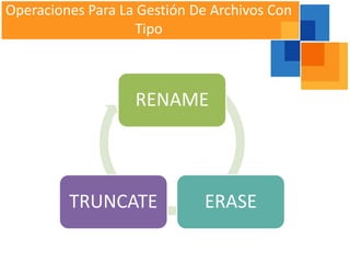 Operaciones Para La Gestión De Archivos Con
                   Tipo



                   RENAME



         TRUNCATE            ERASE
 