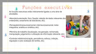 Funções executivas
As funções executivas estão inteiramente ligadas a uma série de
atividades.
•Atenção(sustentação, foco, fixação, seleção de dados relevantes dos
irrelevantes, evitamento de distratores, etc);
•Percepção(intraneurossensorial, interneurossensorial, meta-
integrativa, analítica e sintética, etc);
•Memória de trabalho (localização, recuperação, rechamada,
manipulação, julgamento e utilização da informação relevante, etc);
•Controle inibitório(iniciação, persistência, esforço, inibição,
regulação e auto-avaliação de tarefas, etc);
 