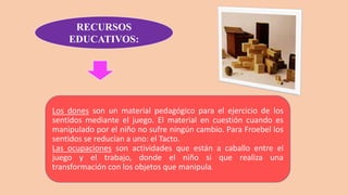 RECURSOS
EDUCATIVOS:
Los dones son un material pedagógico para el ejercicio de los
sentidos mediante el juego. El material en cuestión cuando es
manipulado por el niño no sufre ningún cambio. Para Froebel los
sentidos se reducían a uno: el Tacto.
Las ocupaciones son actividades que están a caballo entre el
juego y el trabajo, donde el niño si que realiza una
transformación con los objetos que manipula.
 