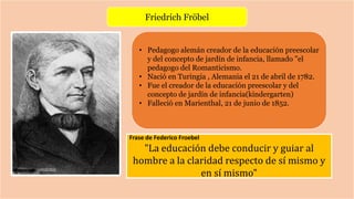 Friedrich Fröbel
• Pedagogo alemán creador de la educación preescolar
y del concepto de jardín de infancia, llamado "el
pedagogo del Romanticismo.
• Nació en Turingia , Alemania el 21 de abril de 1782.
• Fue el creador de la educación preescolar y del
concepto de jardín de infancia(kindergarten)
• Falleció en Marienthal, 21 de junio de 1852.
Frase de Federico Froebel
"La educación debe conducir y guiar al
hombre a la claridad respecto de sí mismo y
en sí mismo"
 