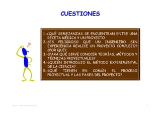 CUESTIONES


                                  1.-¿QUÉ SEMEJANZAS SE ENCUENTRAN ENTRE UNA
                                     RECETA MÉDICA Y UN PROYECTO
                                  2.-¿ES PELIGROSO QUE UN INGENIERO SIN
                                     EXPERIENCIA REALICE UN PROYECTO COMPLEJO?
                                     ¿POR QUÉ?
                                  3.-¿PARA QUÉ SIRVE CONOCER TEORÍAS, MÉTODOS Y
                                     TÉCNICAS PROYECTUALES?
                                  4.-¿QUIÉN INTRODUJO EL MÉTODO EXPERIMENTAL
                                     DE LA CIENCIA?
                                  5.-¿QUÉ    TIENEN   EN   COMÚN    EL   PROCESO
                                     PROYECTUAL Y LAS FASES DEL PROYECTO?




TEMA 01 - APROXIMACIÓN PROYECTO                                                    31
 