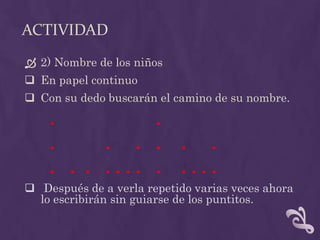 ACTIVIDAD
 2) Nombre de los niños
 En papel continuo
 Con su dedo buscarán el camino de su nombre.
. .
. . . . . .
. . . . . . . . . . . .
 Después de a verla repetido varias veces ahora
lo escribirán sin guiarse de los puntitos.
 