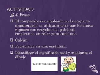 ACTIVIDAD
 4) Frase
 El rompecabezas empleado en la etapa de
comprensión se utilizara para que los niños
repasen con crayolas las palabras
empleando un color para cada una.
 Calcan.
 Escribirlas en una cartulina.
 Identificar el significado oral y mediante el
dibujo
El niño come helado
 