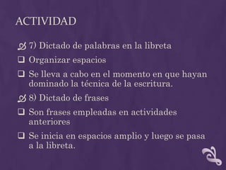 ACTIVIDAD
 7) Dictado de palabras en la libreta
 Organizar espacios
 Se lleva a cabo en el momento en que hayan
dominado la técnica de la escritura.
 8) Dictado de frases
 Son frases empleadas en actividades
anteriores
 Se inicia en espacios amplio y luego se pasa
a la libreta.
 