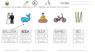 3. LEEMOS LAS PALABRAS. RODEAMOS LA “B” Y COPIAMOS. UNE DESPUÉS CON SU IMAGEN.
BAMBÚBALLENA BODA BUDA BICI
BAMBÚBALLENA BODA BUDA BICI
bambúballena boda buda bici
NOMBRE:B
METODO GLOBAL, LETRA “B“ HABLA-M cortes0alba.blogspot.com.es Belén Caro, Natalia Cortés , Lourdes García y José A. Mora
 