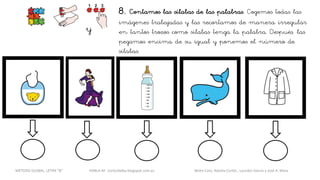 8. Contamos las sílabas de las palabras. Cogemos todas las
imágenes trabajadas y las recortamos de manera irregular
en tantos trozos como sílabas tenga la palabra. Después, las
pegamos encima de su igual y ponemos el número de
sílabas.
y
METODO GLOBAL, LETRA “B“ HABLA-M cortes0alba.blogspot.com.es Belén Caro, Natalia Cortés , Lourdes García y José A. Mora
 