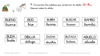 9. Encuentra las palabras que contienen la sílaba BU /bu.
Después rodea la sílaba.
y
BURRA BUSCAR
burra buscar
BUTACA
butaca
BÚO
búo
DIBUJA
dibuja
BUDA
buda
ABUELO
abuelo
BUENO
DUCHA
bueno
ducha
BAMBÚ
bambú
METODO GLOBAL, LETRA “B“ HABLA-M cortes0alba.blogspot.com.es Belén Caro, Natalia Cortés , Lourdes García y José A. Mora
 