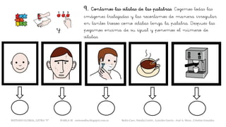 9. Contamos las sílabas de las palabras. Cogemos todas las
imágenes trabajadas y las recortamos de manera irregular
en tantos trozos como sílabas tenga la palabra. Después las
pegamos encima de su igual y ponemos el número de
sílabas.
y
METODO GLOBAL, LETRA “F” HABLA-M cortes0alba.blogspot.com.es Belén Caro, Natalia Cortés , Lourdes García , José A. Mora , Cristina González
 
