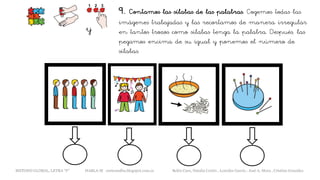 9. Contamos las sílabas de las palabras. Cogemos todas las
imágenes trabajadas y las recortamos de manera irregular
en tantos trozos como sílabas tenga la palabra. Después, las
pegamos encima de su igual y ponemos el número de
sílabas.
y
METODO GLOBAL, LETRA “F“ HABLA-M cortes0alba.blogspot.com.es Belén Caro, Natalia Cortés , Lourdes García , José A. Mora , Cristina González
 