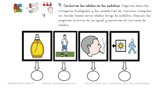 9. Contamos las sílabas de las palabras. Cogemos todas las
imágenes trabajadas y las recortamos de manera irregular
en tantos trozos como sílabas tenga la palabra. Después, las
pegamos encima de su igual y ponemos el número de
sílabas.
y
METODO GLOBAL, LETRA “F“ HABLA-M cortes0alba.blogspot.com.es Belén Caro, Natalia Cortés , Lourdes García , José A. Mora , Cristina González
 