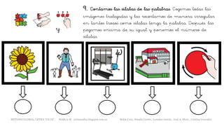 9. Contamos las sílabas de las palabras. Cogemos todas las
imágenes trabajadas y las recortamos de manera irregular
en tantos trozos como sílabas tenga la palabra. Después, las
pegamos encima de su igual y ponemos el número de
sílabas.
y
METODO GLOBAL, LETRA “GE GI” HABLA-M cortes0alba.blogspot.com.es Belén Caro, Natalia Cortés , Lourdes García , José A. Mora , Cristina González
 