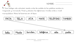 METODO GLOBALIZADO cortes0alba.blogspot.com.es
Natalia Cortés Alba
7. Para trabajar esta actividad recorta antes los carteles de las palabras escritas en
mayúscula y minúscula. Mirad y estudiar las diferencias. Unirlas antes a nivel
manipulativo. Ahora lo haremos con el lápiz.
NOMBRE:
TAMBORATAPATA TELA
tela
MAITE TELÉFONO
Maite teléfonotambor ata pata
 