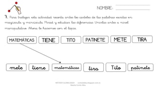 METODO GLOBALIZADO cortes0alba.blogspot.com.es
Natalia Cortés Alba
MATEMÁTICAS METE
mete
7. Para trabajar esta actividad recorta antes los carteles de las palabras escritas en
mayúscula y minúscula. Mirad y estudiar las diferencias. Unirlas antes a nivel
manipulativo. Ahora lo haremos con el lápiz.
NOMBRE:
TIENE TITO PATINETE
tiene Tito
TIRA
tira patinetematemáticas
 