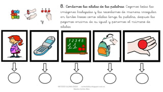 METODO GLOBALIZADO cortes0alba.blogspot.com.es
Natalia Cortés Alba
8. Contamos las sílabas de las palabras. Cogemos todas las
imágenes trabajadas y las recortamos de manera irregular
en tantos trozos como sílabas tenga la palabra, después las
pegamos encima de su igual y ponemos el número de
sílabas.
y
 