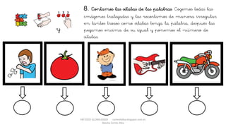 METODO GLOBALIZADO cortes0alba.blogspot.com.es
Natalia Cortés Alba
8. Contamos las sílabas de las palabras. Cogemos todas las
imágenes trabajadas y las recortamos de manera irregular
en tantos trozos como sílabas tenga la palabra, después las
pegamos encima de su igual y ponemos el número de
sílabas.
y
 