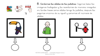 METODO GLOBALIZADO cortes0alba.blogspot.com.es
Natalia Cortés Alba
8. Contamos las sílabas de las palabras. Cogemos todas las
imágenes trabajadas y las recortamos de manera irregular
en tantos trozos como sílabas tenga la palabra, después las
pegamos encima de su igual y ponemos el número de
sílabas.
y
 