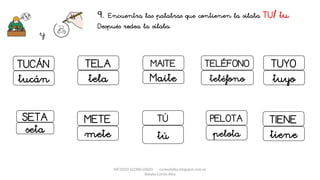 METODO GLOBALIZADO cortes0alba.blogspot.com.es
Natalia Cortés Alba
9. Encuentra las palabras que contienen la sílaba TU/ tu.
Después rodea la sílaba.
y
MAITE TELÉFONO
Maite teléfono
PELOTA
pelota
TELA
tela
METE
mete
SETA
seta
TIENE
tiene
TUCÁN
TÚ
TUYO
tucán
tú
tuyo
 