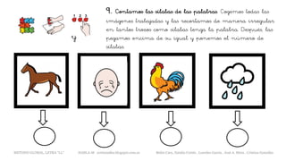 9. Contamos las sílabas de las palabras. Cogemos todas las
imágenes trabajadas y las recortamos de manera irregular
en tantos trozos como sílabas tenga la palabra. Después, las
pegamos encima de su igual y ponemos el número de
sílabas.
y
METODO GLOBAL, LETRA “LL“ HABLA-M cortes0alba.blogspot.com.es Belén Caro, Natalia Cortés , Lourdes García , José A. Mora , Cristina González
 