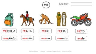 MO
METODO GLOBAL HABLA-M cortes0alba.blogspot.com.es Natalia Cortés Alba
NOMBRE:
MOCHILA MONTA
mochila
MONO
monomonta
MOMIA
momia
MOTO
moto
 