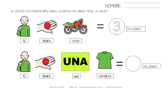 METODO GLOBAL HABLA-M cortes0alba.blogspot.com.es Natalia Cortés Alba
NOMBRE:
UNA
2. LEEMOS LAS IMÁGENES/PALABRAS. ¿CUÁNTAS PALABRAS TIENE LA FRASE?
TÚ TIENES MOTO
TÚ TIENES UNA CAMISETA
PALABRAS
 