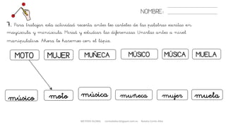 MOTO MÚSICOMUÑECAMUJER
7. Para trabajar esta actividad recorta antes los carteles de las palabras escritas en
mayúscula y minúscula. Mirad y estudiar las diferencias. Unirlas antes a nivel
manipulativo. Ahora lo haremos con el lápiz.
NOMBRE:
MUELAMÚSICA
moto músicamúsico muñeca mujer muela
METODO GLOBAL cortes0alba.blogspot.com.es Natalia Cortés Alba
 