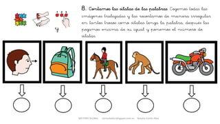 8. Contamos las sílabas de las palabras. Cogemos todas las
imágenes trabajadas y las recortamos de manera irregular
en tantos trozos como sílabas tenga la palabra, después las
pegamos encima de su igual y ponemos el número de
sílabas.
y
METODO GLOBAL cortes0alba.blogspot.com.es Natalia Cortés Alba
 