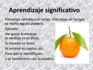 Aprendizaje significativo
Presentar carteles con varias Oraciones en las que
se repita alguna palabra.
Ejemplo:
me gusta la naranja,
la naranja es un fruto,
la naranja es dulce,
la naranja es jugosa, etc.,
Para que la identifiquen
y se familiaricen con la palabra.
 