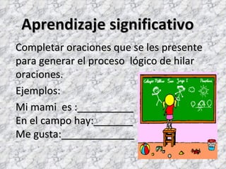 Aprendizaje significativo
Completar oraciones que se les presente
para generar el proceso lógico de hilar
oraciones.
Ejemplos:
Mi mami es :__________
En el campo hay:_______
Me gusta:_____________
 