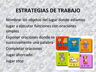 ESTRATEGIAS DE TRABAJO
Nombrar los objetos del lugar donde estamos
Jugar a ejecutar funciones con oraciones
simples
Exponer oraciones donde se repita
sucesivamente una palabra
Completar oraciones
Jugar ahorcado
Jugar stop
 