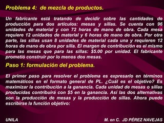 M. en C. JD PÉREZ NAVEJAS
UNILA
Problema 4: de mezcla de productos.
Un fabricante está tratando de decidir sobre las cantidades de
producción para dos artículos: mesas y sillas. Se cuenta con 96
unidades de material y con 72 horas de mano de obra. Cada mesa
requiere 12 unidades de material y 6 horas de mano de obra. Por otra
parte, las sillas usan 8 unidades de material cada una y requieren 12
horas de mano de obra por silla. El margen de contribución es el mismo
para las mesas que para las sillas: $5.00 por unidad. El fabricante
prometió construir por lo menos dos mesas.
Paso 1: formulación del problema.
El primer paso para resolver el problema es expresarlo en términos
matemáticos en el formato general de PL. ¿Cuál es el objetivo? Es
maximizar la contribución a la ganancia. Cada unidad de mesas o sillas
producidas contribuirá con $5 en la ganancia. Así las dos alternativas
son la producción de mesas y la producción de sillas. Ahora puede
escribirse la función objetivo:
 