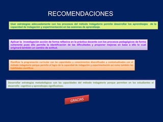 RECOMENDACIONES
  Usar estrategias adecuadamente con los procesos del método indagatorio permite desarrollar los aprendizajes de la
  capacidad de indagación y experimentación en las sesiones de aprendizaje.




  Aplicar la investigación acción de forma reflexiva en la práctica docente con los procesos pedagógicos de forma
  coherente pues ello permite la identificación de las dificultades y proponer mejoras en base a ello lo cual
  originará también un cambio de actitud.




  Planificar la programación curricular con las capacidades y conocimientos diversificados y contextualizados con el
  método indagatorio porque permite el logro de la capacidad de indagación y experimentación así como también las
  habilidades científicas




Desarrollar estrategias metodológicas con las capacidades del método indagatorio porque permiten en los estudiantes el
desarrollo cognitivo y aprendizajes significativos.
 