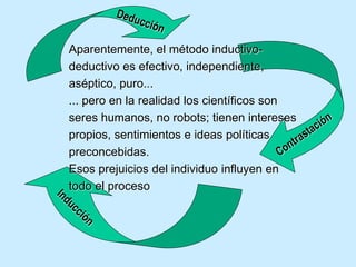 Aparentemente, el método inductivo-
deductivo es efectivo, independiente,
aséptico, puro...
... pero en la realidad los científicos son
seres humanos, no robots; tienen intereses
propios, sentimientos e ideas políticas
preconcebidas.
Esos prejuicios del individuo influyen en
todo el proceso
 