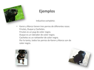 Ejemplos
Inductivo completo:
• Karen y Marco tienen tres perros de diferentes razas:
Firulais, Duque y Cachetes.
Firulais es un pug de color negro.
Duque es un labrador de color negro.
Cachetes es un rottweiler de color negro.
Por lo tanto, todos los perros de Karen y Marco son de
color negro.
 