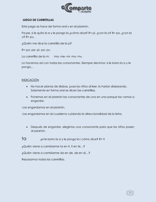 13
JUEGO DE CARRETILLAS
Este juego se hace de forma oral y en el pizarrón.
Pa-pe, si le quito la e y le pongo la ¿cómo dice? R= pi, ¿con la o? R= po, ¿con la
u? R= pu.
¿Quién me dice la carretilla de la p?
R= pa- pe- pi- po- pu
La carretilla de la m: ma- me- mi- mo- mu
Lo hacemos así con todas las consonantes. Siempre decimos: si le borro la a y le
pongo…
INDICACIÓN
 No hacer planas de sílabas, pues los niños al leer, lo harían silabeando.
Solamente en forma oral se dicen las carretillas.
 Ponemos en el pizarrón las consonantes de una en una porque las vamos a
engordar.
-Las engordamos en el pizarrón.
-Las engordamos en el cuaderno cuidando la direccionalidad de la letra.
 Después de engordar, elegimos una consonante para que los niños pasen
al pizarrón.
ta ¿si le borro la a y le pongo la i cómo dice? R= ti
¿Quién viene a cambiarme ta en ti, ti en te…?
¿Quién viene a cambiarme da en de, de en di…?
Repasamos todas las carretillas.
 