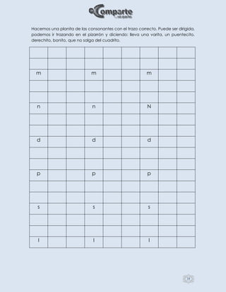 14
Hacemos una planita de las consonantes con el trazo correcto. Puede ser dirigida,
podemos ir trazando en el pizarrón y diciendo: lleva una varita, un puentecito,
derechito, bonito, que no salga del cuadrito.
m m m
n n N
d d d
p p p
s s s
l l l
 