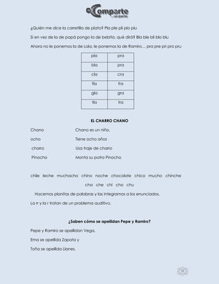 31
¿Quién me dice la carretilla de plato? Pla ple pli plo plu
Si en vez de la de papá pongo la de bebita, qué dirá? Bla ble bli blo blu
Ahora no le ponemos la de Lola, le ponemos la de Ramiro… pra pre pri pro pru
pla pra
bla pra
cla cra
fla fra
gla gra
tla tra
EL CHARRO CHANO
Chano Chano es un niño,
ocho Tiene ocho años
charro Usa traje de charro
Pinocho Monta su potro Pinocho
chile leche muchacho chino noche chocolate chico mucho chinche
cha che chi cho chu
Hacemos planitas de palabras y las integramos a los enunciados.
La rr y la r tratan de un problema auditivo.
¿Saben cómo se apellidan Pepe y Ramiro?
Pepe y Ramiro se apellidan Vega,
Ema se apellida Zapata y
Toña se apellida Llanes.
 
