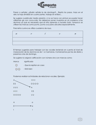 4
Pasan a señalar. ¿Quién señala la de domingo?... Repito los pasos, trazo en el
aire, la hoja dividida en cuatro partes, trabajo en el libro…
Se sugiere cuadricular medio pizarrón, si no se hace con pintura se puede hacer
utilizando gis con coca-cola. No debemos poner muestras en el cuaderno a los
alumnos ya que es necesario que el niño aprenda a hacerlo todo, tampoco se
utilizan las marcas como punto, punto cruz para ubicarlos espacialmente.
Para letra cursiva se utiliza cuaderno de raya.
a e i o u
El tiempo sugerido para trabajar con las vocales teniendo en cuenta el nivel de
maduración de los alumnos es de 1 a 2 semanas. Comenzamos por las de diario y
pasamos a las de domingo.
Se sugiere no asignar calificación con número sino con marcas como:
Marca significado
- Que la repitan en casa
- Está bien
Podemos realizar actividades de relacionar vocales. Ejemplo:
A I I I I I
E E O O O O
U U U A
I I I I I E E
O O O O U U
A a
E e
I i
 