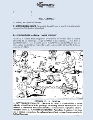 5
O o
U u
ETAPA “LA FAMILIA”
1ª Unidad (Después de las vocales)
1.- NARRACIÓN DEL CUENTO (Personajes: El papá Pepe, la mamá Ema, Lola y Lulú,
La nena Ana, Tito, Daditos, el oso Susú.
2.- PRESENTACIÓN DE LA LÁMINA “FAMILIA DE PICNIC”.
Identificar el nombre de los integrantes en la lámina “la familia”. Decir el nombre
completo de los personajes. Luego identificar a los personajes, ¿conté bien el
cuento? Debemos tener presente que es importante que se identifiquen bien los
personajes y eso se logrará haciendo una buena narración del cuento. Colorear
la lámina en el libro.
 