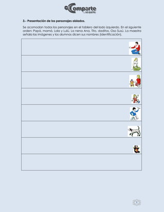 6
3.- Presentación de los personajes aislados.
Se acomodan todos los personajes en el tablero del lado izquierdo. En el siguiente
orden: Papá, mamá, Lola y Lulú, La nena Ana, Tito, daditos, Oso Susú. La maestra
señala las imágenes y los alumnos dicen sus nombres (identificación).
 