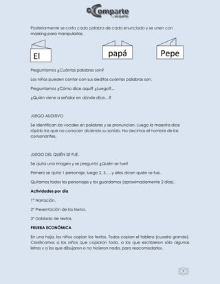 8
Posteriormente se corta cada palabra de cada enunciado y se unen con
masking para manipularlas.
Preguntamos ¿Cuántas palabras son?
Los niños pueden contar con sus deditos cuántas palabras son.
Preguntamos ¿Cómo dice aquí? ¿Luego?...
¿Quién viene a señalar en dónde dice…?
JUEGO AUDITIVO
Se identifican las vocales en palabras y se pronuncian. Luego la maestra dice
rápido las que no conocen diciendo su sonido. No decimos el nombre de las
consonantes.
JUEGO DEL QUIÉN SE FUE.
Se quita una imagen y se pregunta ¿Quién se fue?
Primero se quita 1 personaje, luego 2, 3…, y ellos dicen quién se fue.
Quitamos todos los personajes y los guardamos (aproximadamente 2 días).
Actividades por día
1° Narración.
2° Presentación de los textos.
3° Doblado de textos.
PRUEBA ECONÓMICA
En una hoja, los niños copian los textos. Todos copian el tablero (cuadro grande).
Clasificamos a los niños que copiaron todo, a los que escribieron sólo algunas
letras y a los que dibujaron o no hicieron nada, para reacomodarlos.
El papá Pepe
 