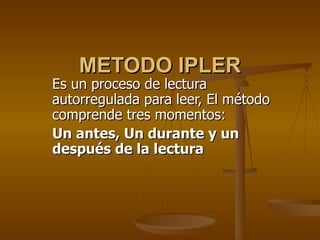 METODO IPLER Es un proceso de lectura autorregulada para leer, El método comprende tres momentos: Un antes, Un durante y un después de la lectura   